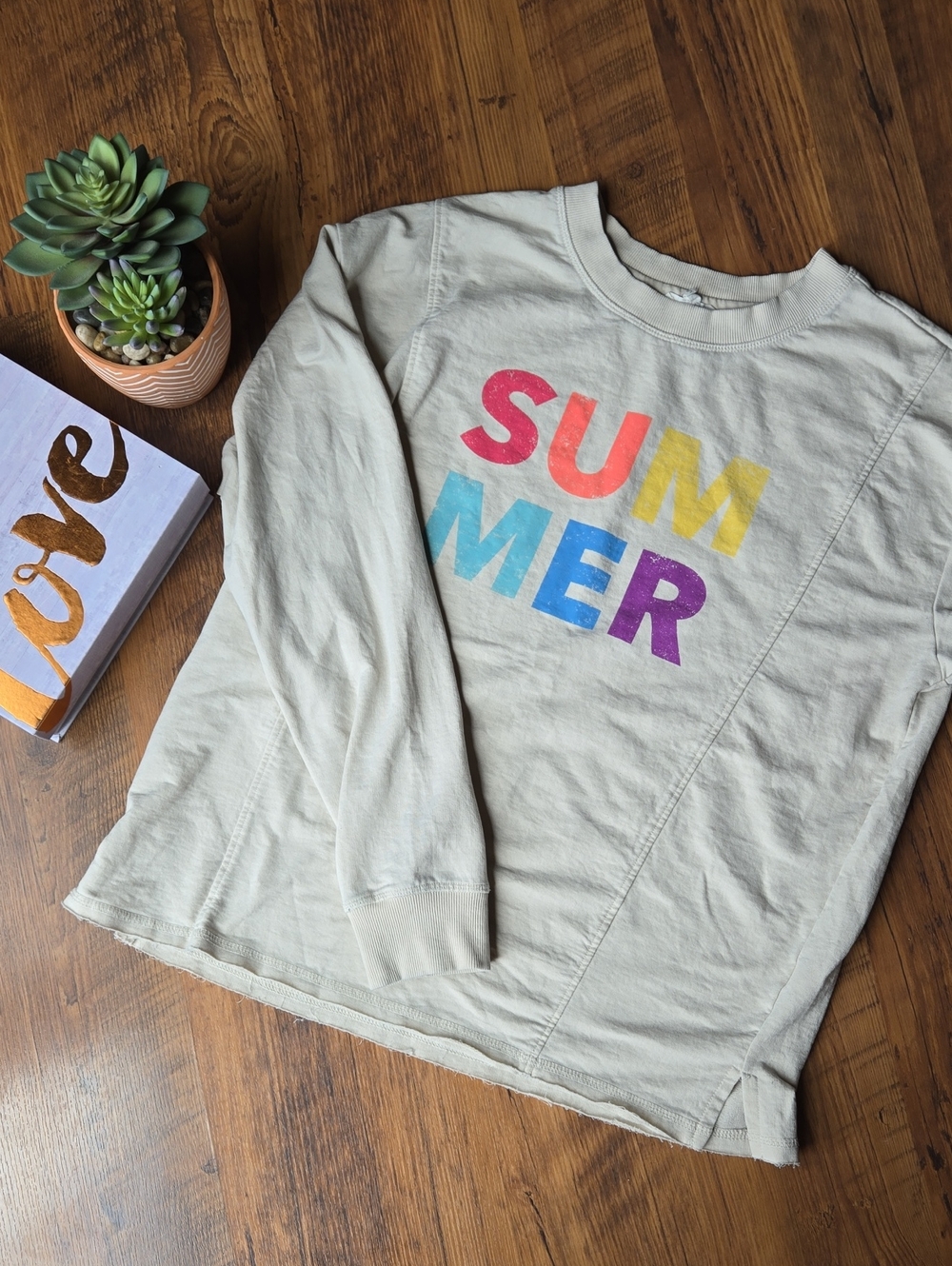 Maurices Cream Long-Sleeve Light Weight Tee with Multicolor SUMMER Graphic